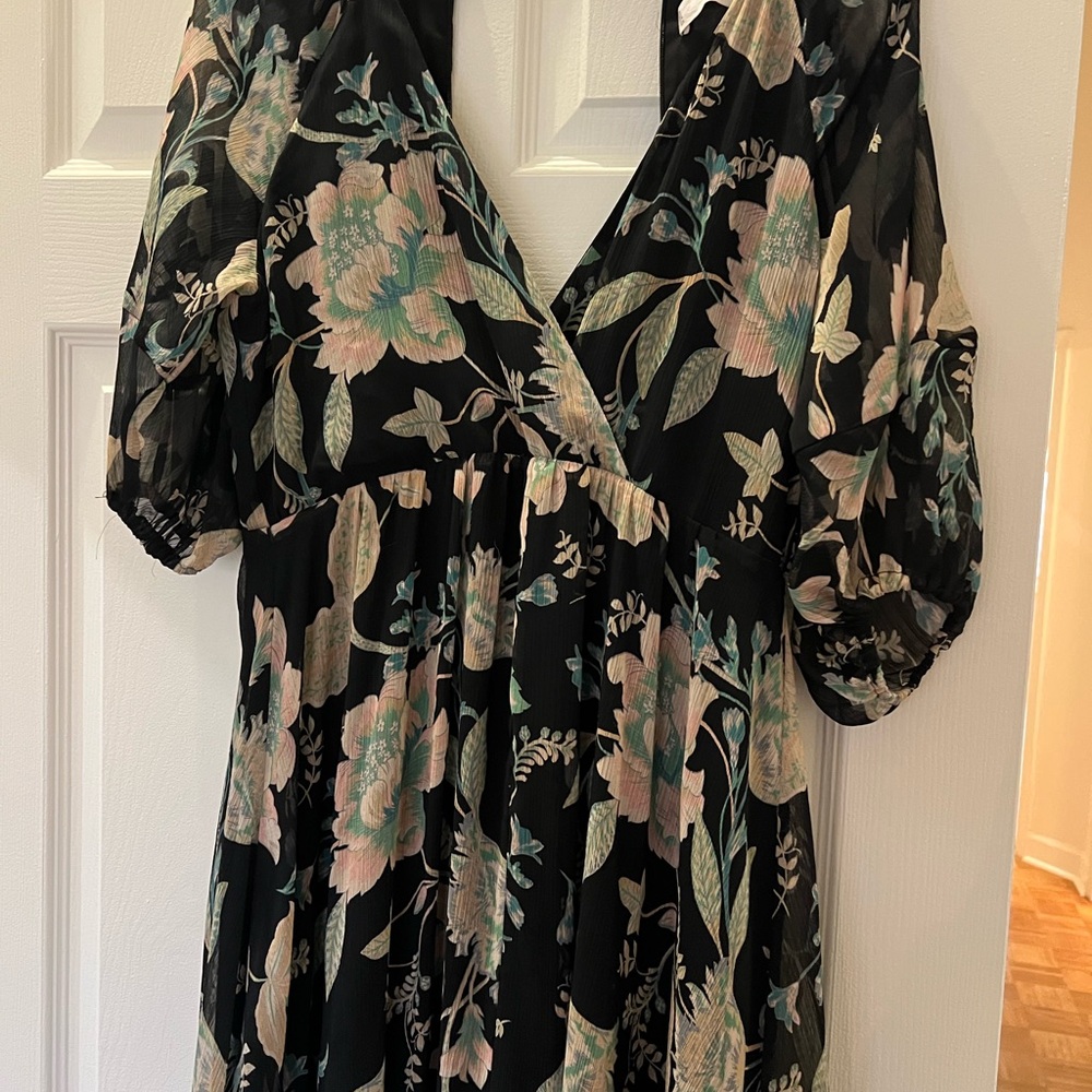 Mango Black Midi Dress with Pastel Floral Print